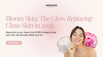 Dewy glowing skin with a soft peony flower, K-beauty aesthetic