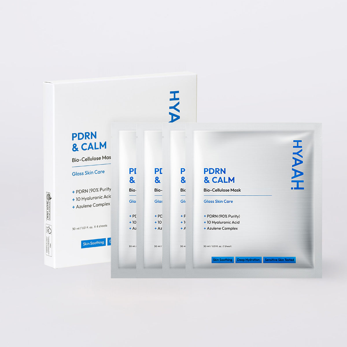 HYAAH PDRN & CALM Bio-Cellulose Mask set, featuring a white outer box, three individual mask sachets, and three slim white applicator tubes arranged on a light gray background.