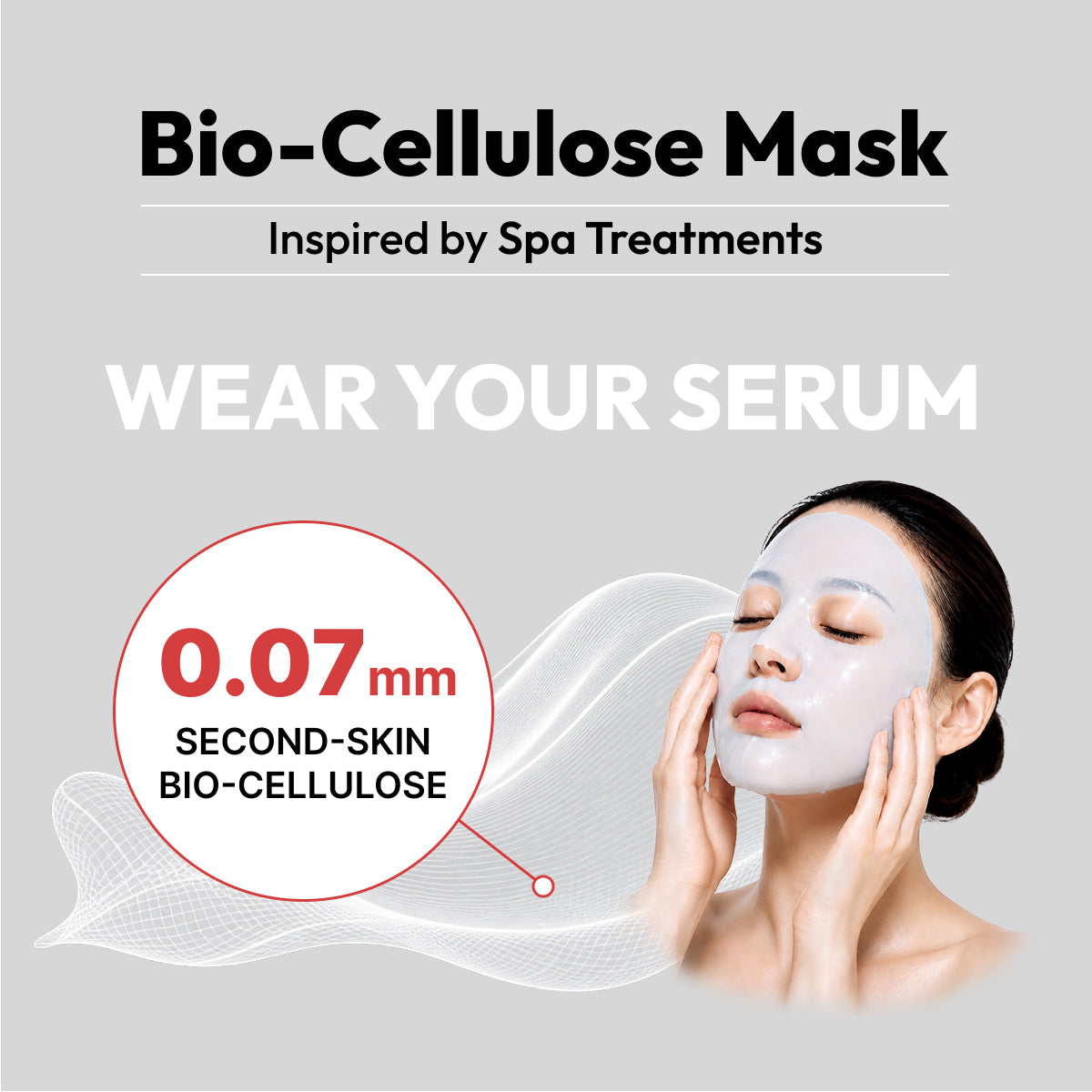 Promotional graphic for a Bio-Cellulose Mask, featuring a woman wearing a white mask on her face against a light gray background with text reading 'WEAR YOUR SERUM' and '0.07 mm SECOND-SKIN BIO-CELLULOSE'.