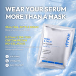 A silver and blue packet of HYAAH PDRN & Calm Bio-Cellulose Mask shown on a light blue water splash background with promotional text about wearing serum more than a mask.