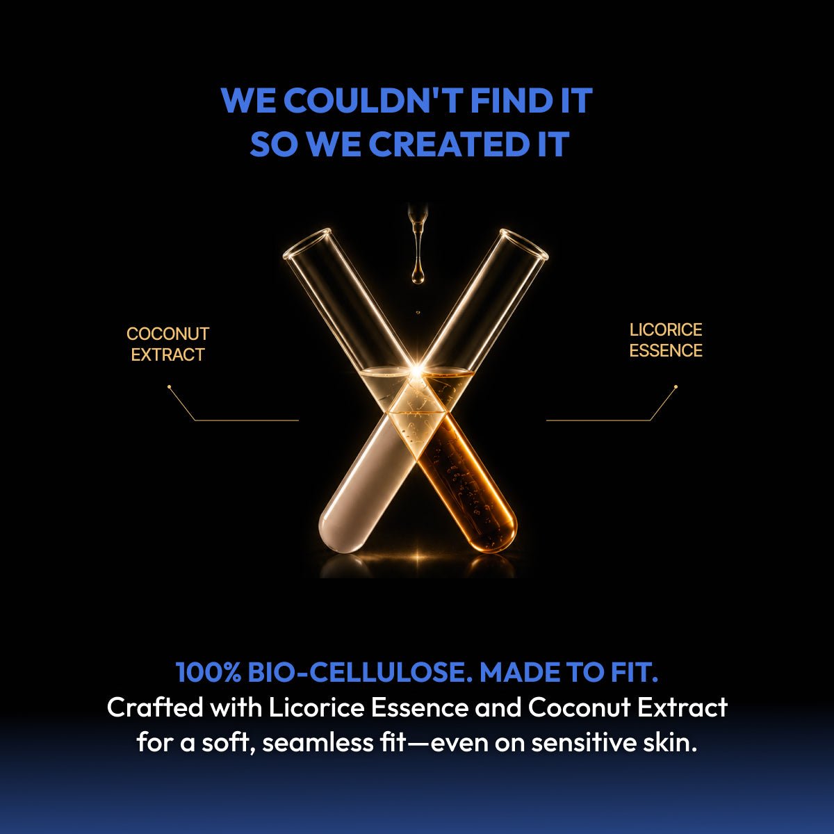 Promotional graphic on a black background with blue and gold text. A crossed pair of glowing test tubes in the center contains amber liquid, with labels pointing to 'Coconut Extract' and 'Licorice Essence.