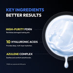 Promotional graphic for a skincare product on a dark background, with text highlighting key ingredients: high-purity PDRN, 10 hyaluronic acids, and an azulene complex. A glossy droplet of translucent white gel is shown on the right.