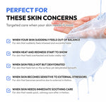 Promotional graphic for a soothing skincare product, featuring a hand stretching translucent gel to demonstrate texture. The left side contains blue text reading 'PERFECT FOR THESE SKIN CONCERNS' followed by five bullet points with checkmarks addressing skin stress, heat/redness, dehydration, sensitivity, and irritation.