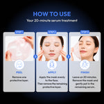 Instructional graphic showing how to use a 20-minute serum treatment with three steps: peel, apply, and finish, featuring photos of a woman applying and removing a translucent mask on a dark blue background.