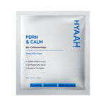 A single HyaaH PDRN & Calm Bio-Cellulose Mask packet on a plain white background. The packet is metallic silver with blue text and accents, featuring the brand name 'HYAAH' vertically on the right side.