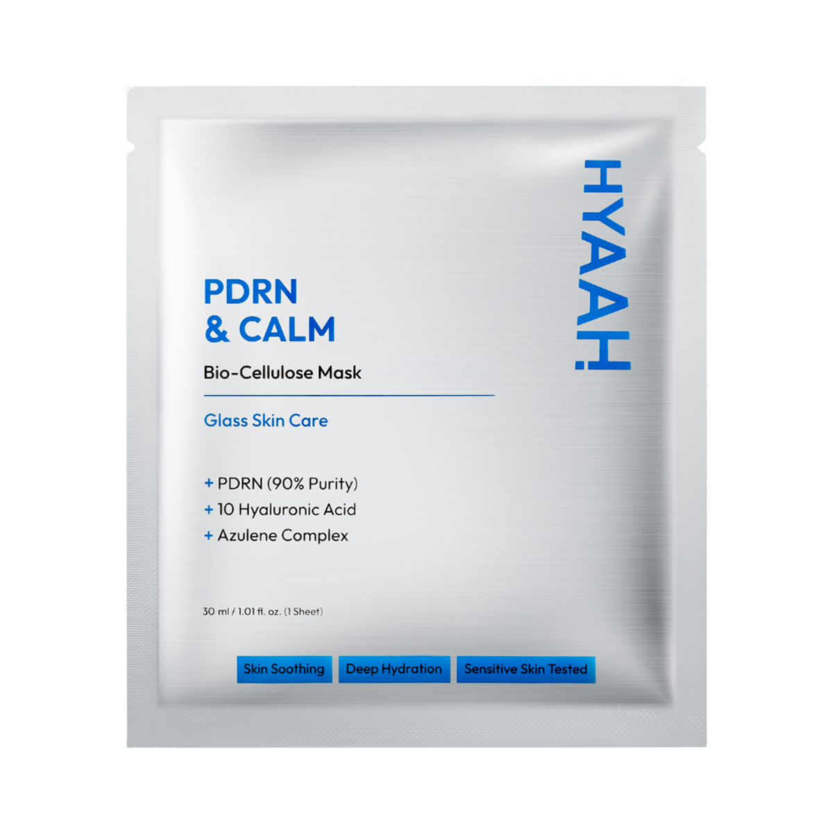 A single HyaaH PDRN & Calm Bio-Cellulose Mask packet on a plain white background. The packet is metallic silver with blue text and accents, featuring the brand name 'HYAAH' vertically on the right side.